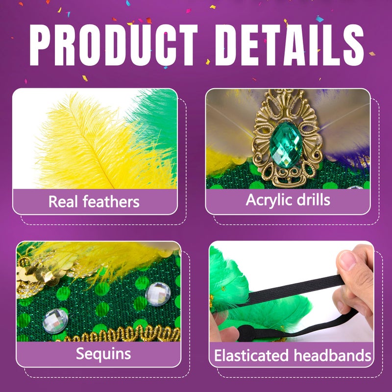 Wehhbtye 2Pcs Large Mardi Gras Feather Headband, Purple Yellow Green Masquerade Headdress, Colorful Flapper Party Headwear with Sequins for Women Girls Parade Costume Cocktail Party Supplies - Image 3